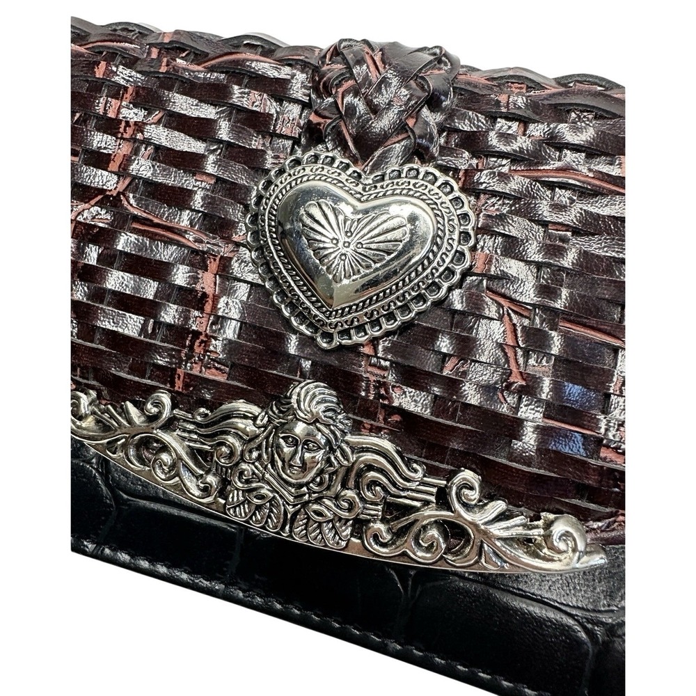 Western Crossbody Wallet Clutch Faux Croc Woven Leather Look Silver Heart Medusa - Picture 4 of 16